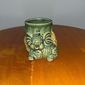Elephant Planter Small Green Ceramic Trunk Up Big Ears Brown Accents 3 inch